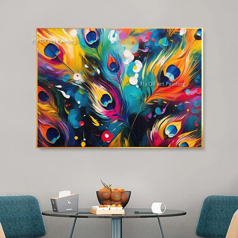 

Beautiful Colorful Peacock Feather Abstract Canvas Wall Art Handmade Green Red Yellow Feathers Oil Painring New Design Artwork
