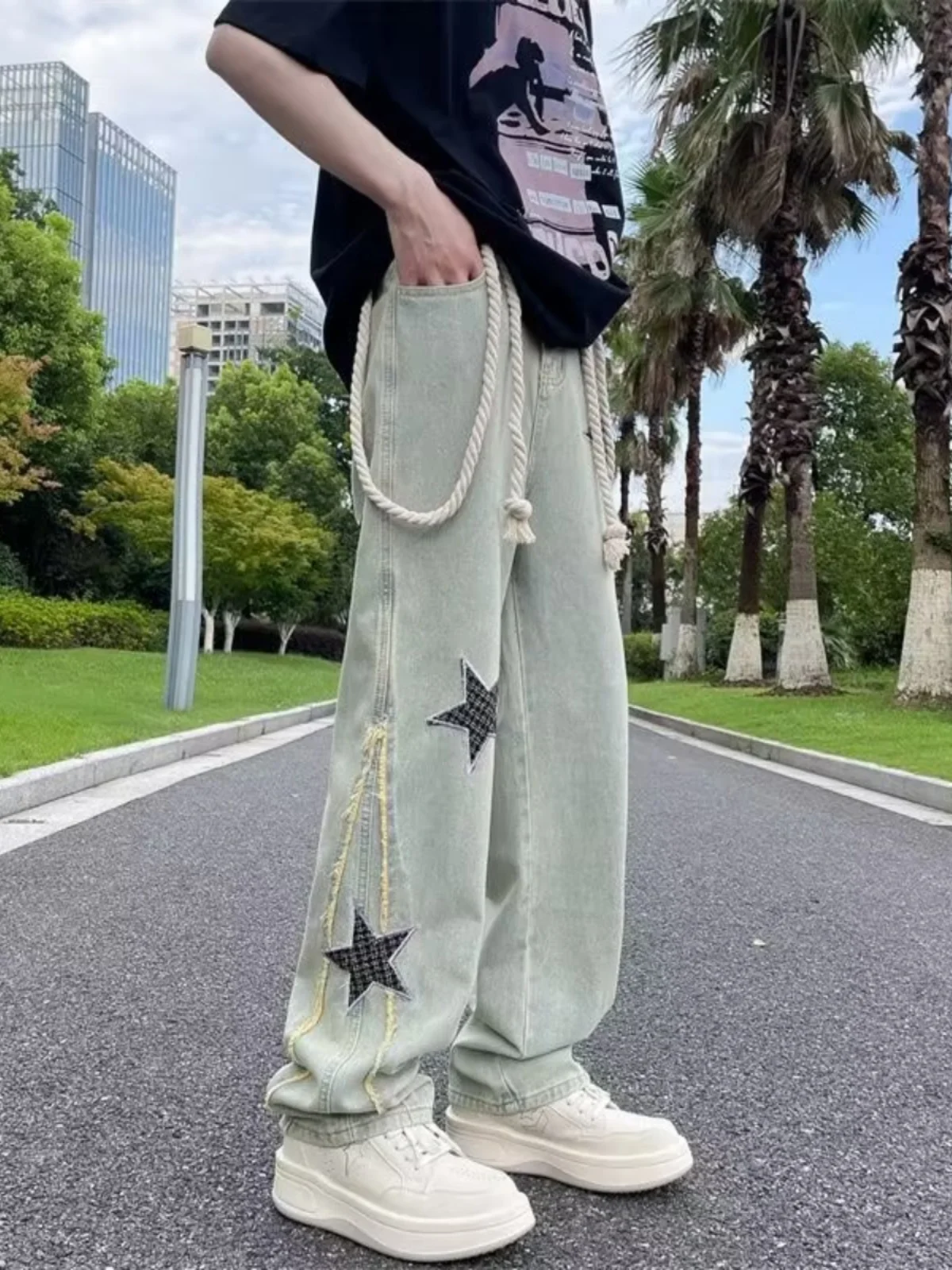 

Мужские джинсы в стиле ретро с вышивкой «Американская звезда», летние, повседневные, свободные, прямые, широкие, длинные брюки, модные брендовые джинсы для подростков