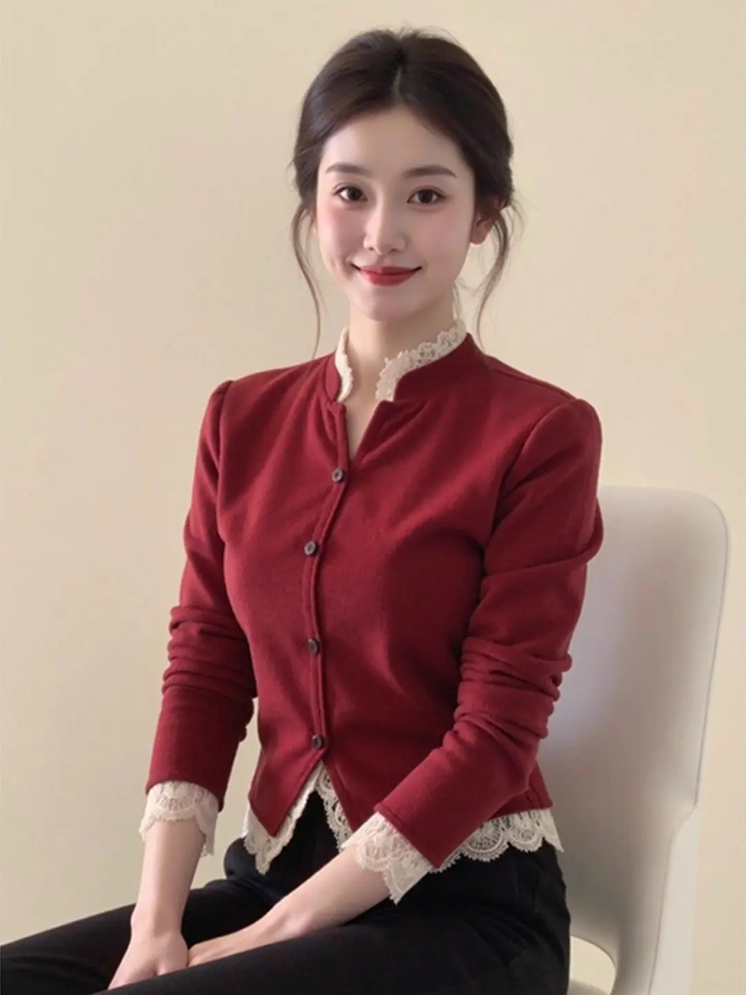 

Красная кружевная отделка больших размеров, китайская верхняя одежда, женская осенне-зимняя утягивающая внутренняя одежда, пальто Ele для полных мм