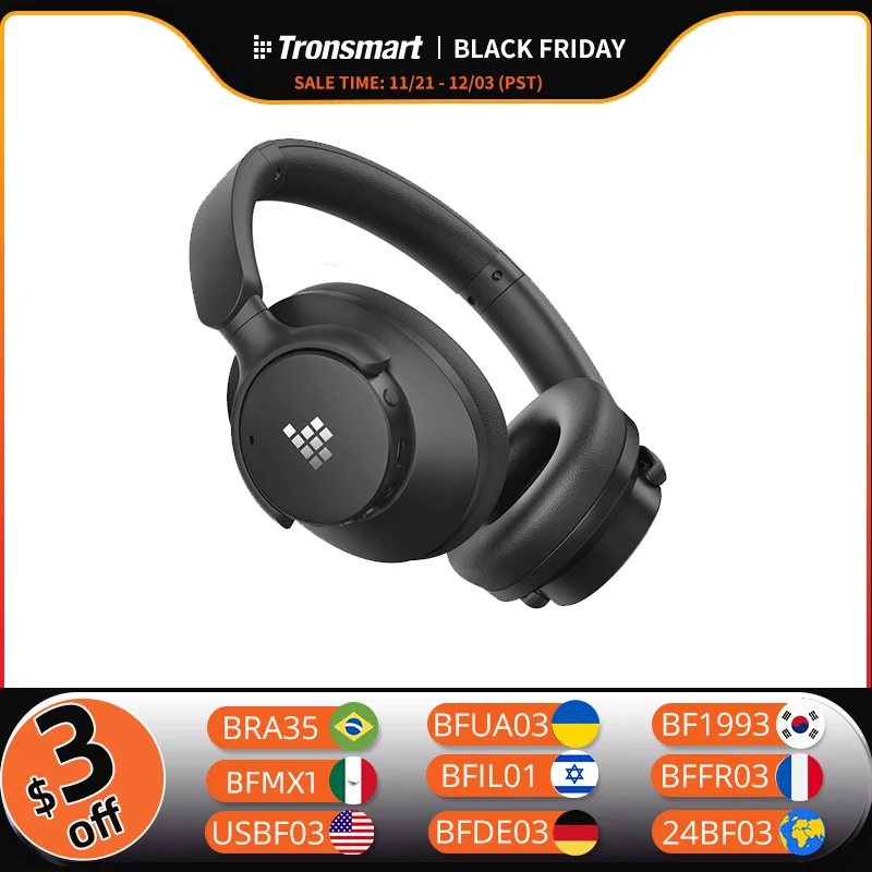 Tronsmart Sounfii Q20 Headphones Bluetooth Headset with Active Noise Cancellation, 50H Playtime, App Control, Dual Audio Mode