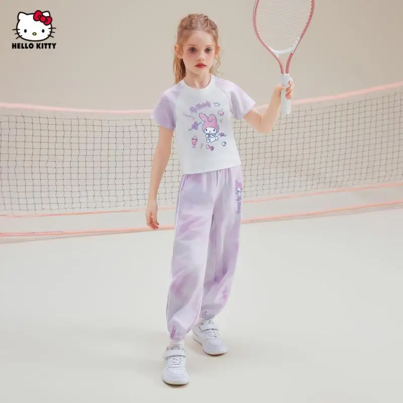 

Летние спортивные штаны Sanrio для девочек с короткими рукавами, 2 шт., детские спортивные штаны «Hello Kitty», новый стиль, футболка My Melody для девочек, популярный контрастный цвет