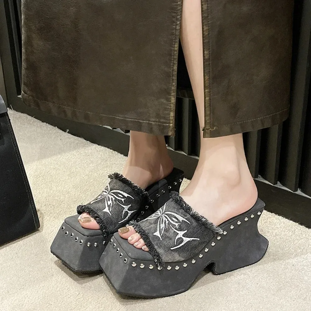 

New Goth Platform Sandals For Women Denim Butterfly Fashion Metal Design Fashion Rivet Slip On Punk Sandal Shoes Summer