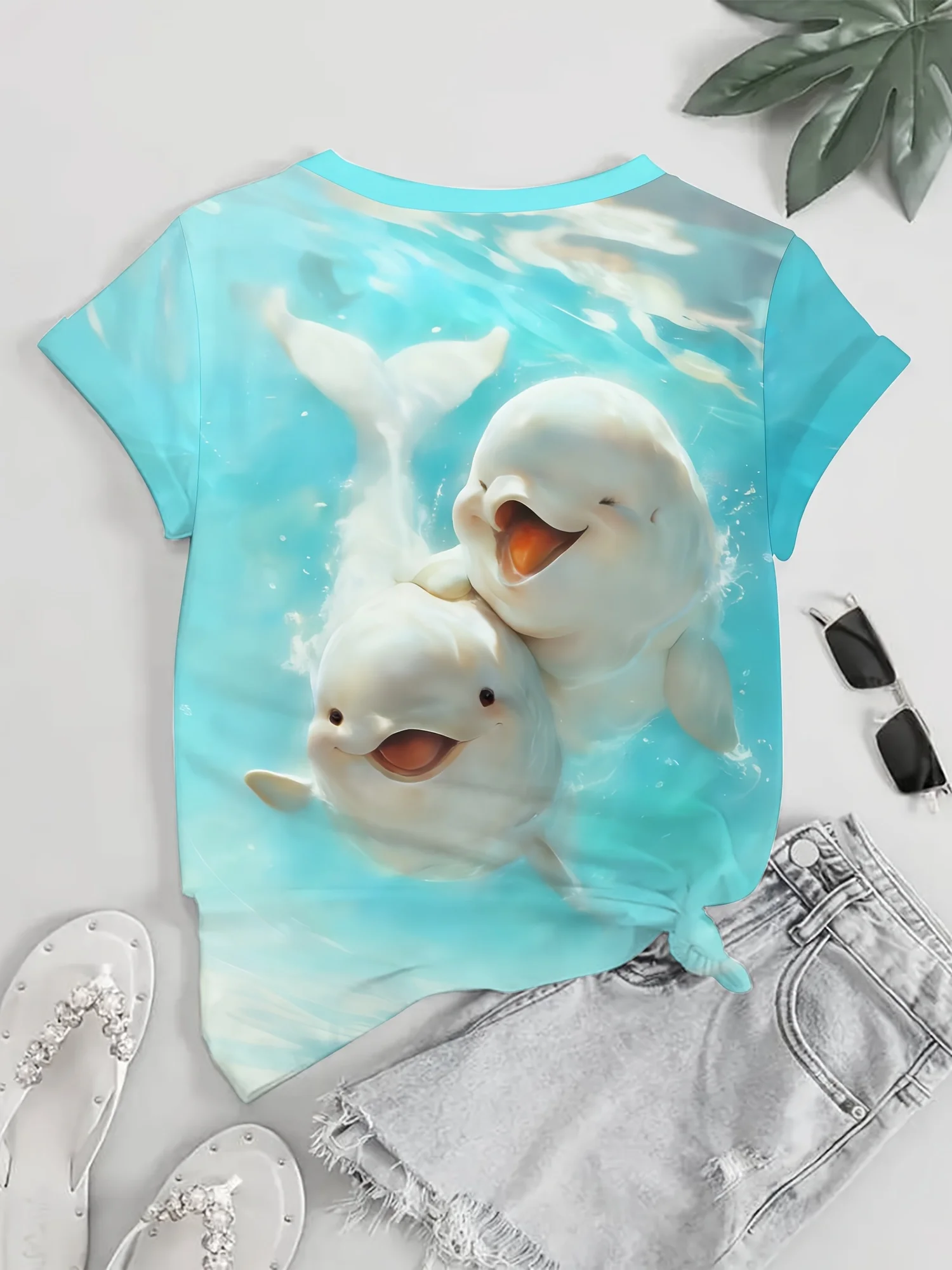 Men Short Sleeve T‑Shirt Cute Happy Beluga Whales Ocean Underwater Crew Neck Casual Tops