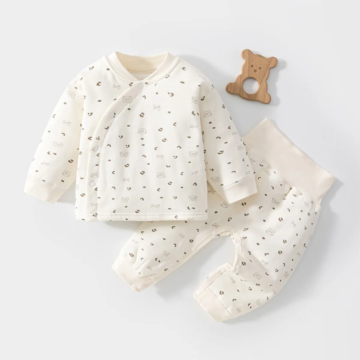Soft Cotton Baby Clothes Set Lightly Padded Long Sleeve Side Snaps Top Pants 2pcs Print Infant Outfit Unisex Fall Winter 0-24M