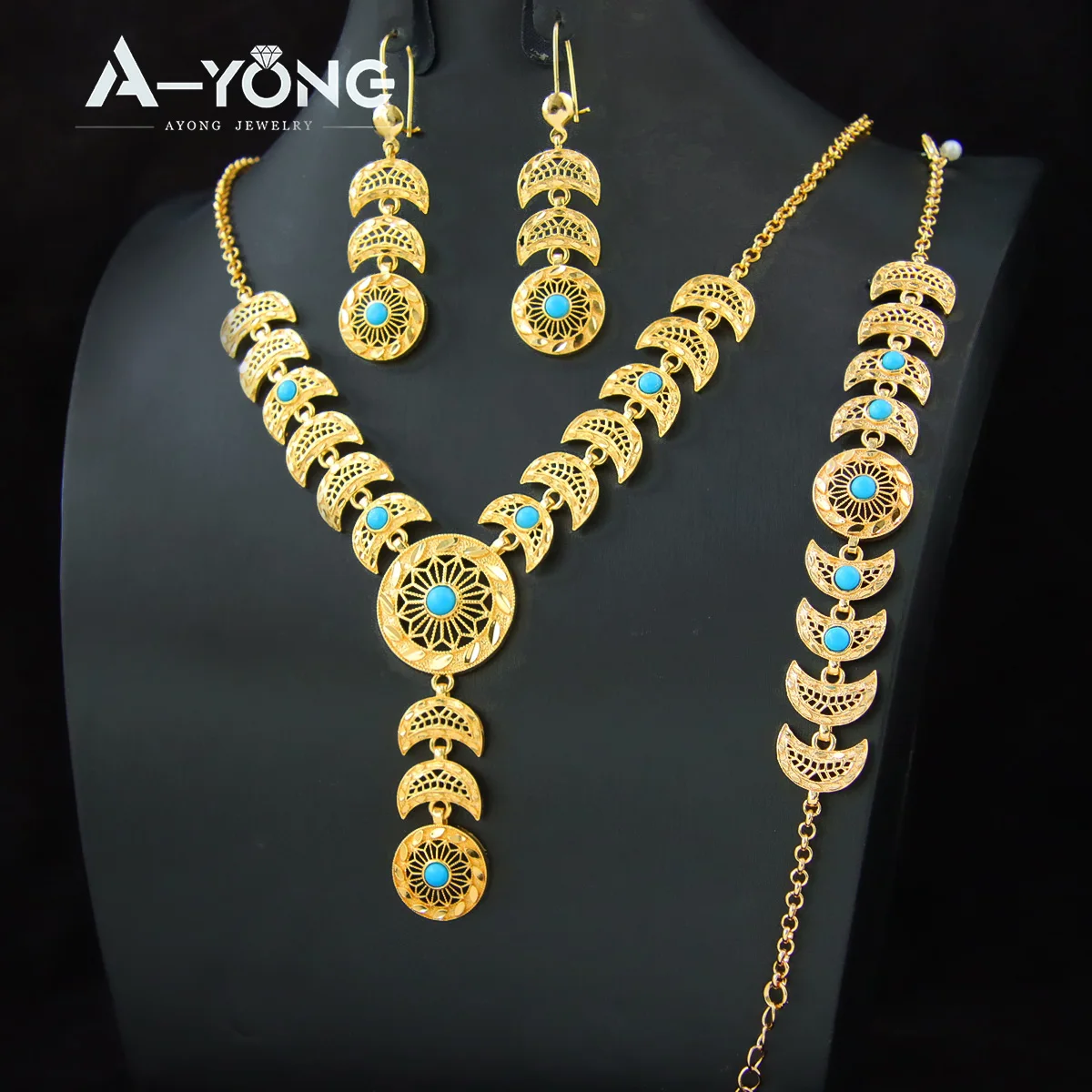 Dubai Gold Color Jewelry Set 21k Gold Plated Turquois Hollow Ethiopian Vintage Necklace Sets Women Bridal Wedding Jewelrys