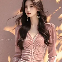 Velvet Long Sleeve T Shirt Women V Neck Casual Lady Tee Youth Elegant Luxury Top Basic Blouse 2024 Fashion New