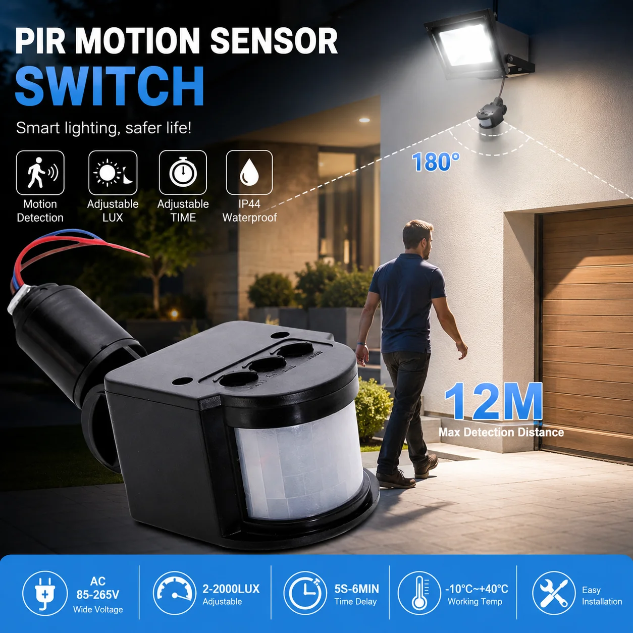 

90V-220V LED Floodlight with PIR Sensor Motion Detector,Light-Controlled Switch Probe - Lazy Person's Automatic Light Off Device