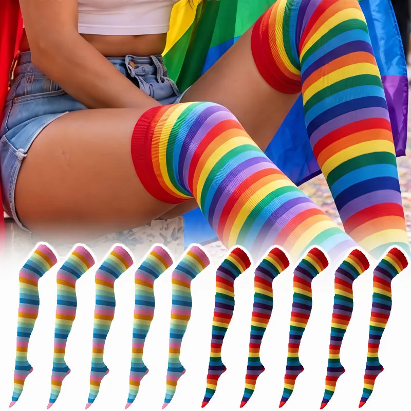 1-10Pairs Bright Striped Thigh High Socks Colorful Over Knee for Club Rave Dancing Night Out Sexy Leg Show Off Style