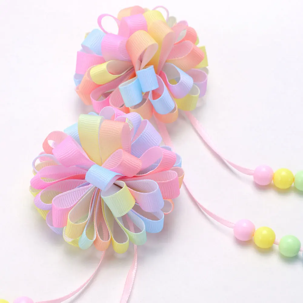 2Pcs Ribbon Hydrangea Hair Clips Long Tassels Beads Flower Hairpin For Girls Handmade Barrettes Headwear Kids Hair Accessories