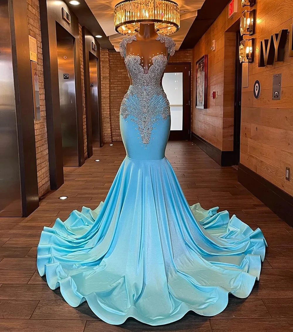 

Sky Blue American African Prom Dresses Mermaid Cap Sleeves Beaded Black Girls Nigeria Robe De Soiree Evening Dresses Gown