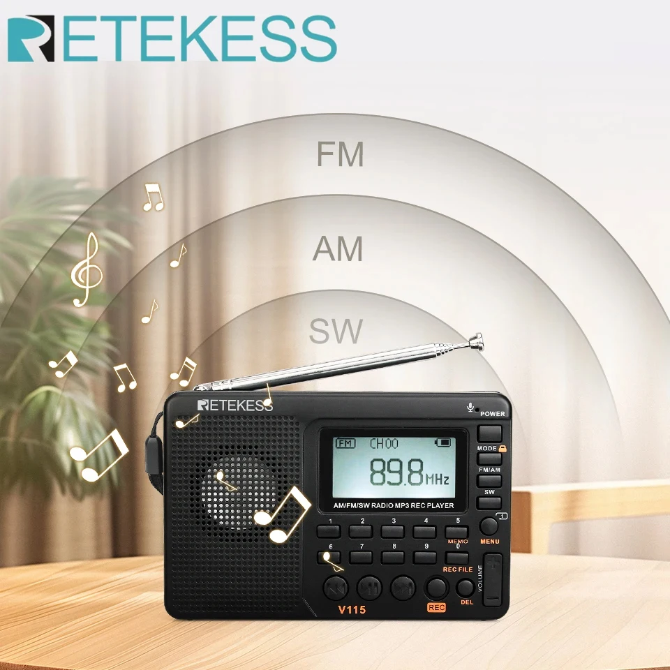 Radio Portatile Retekess V115P AM/FM/SW/WB Con Batteria 1800 MAh, Registrazione, Aux, TF E Timer Di Spegnimento
