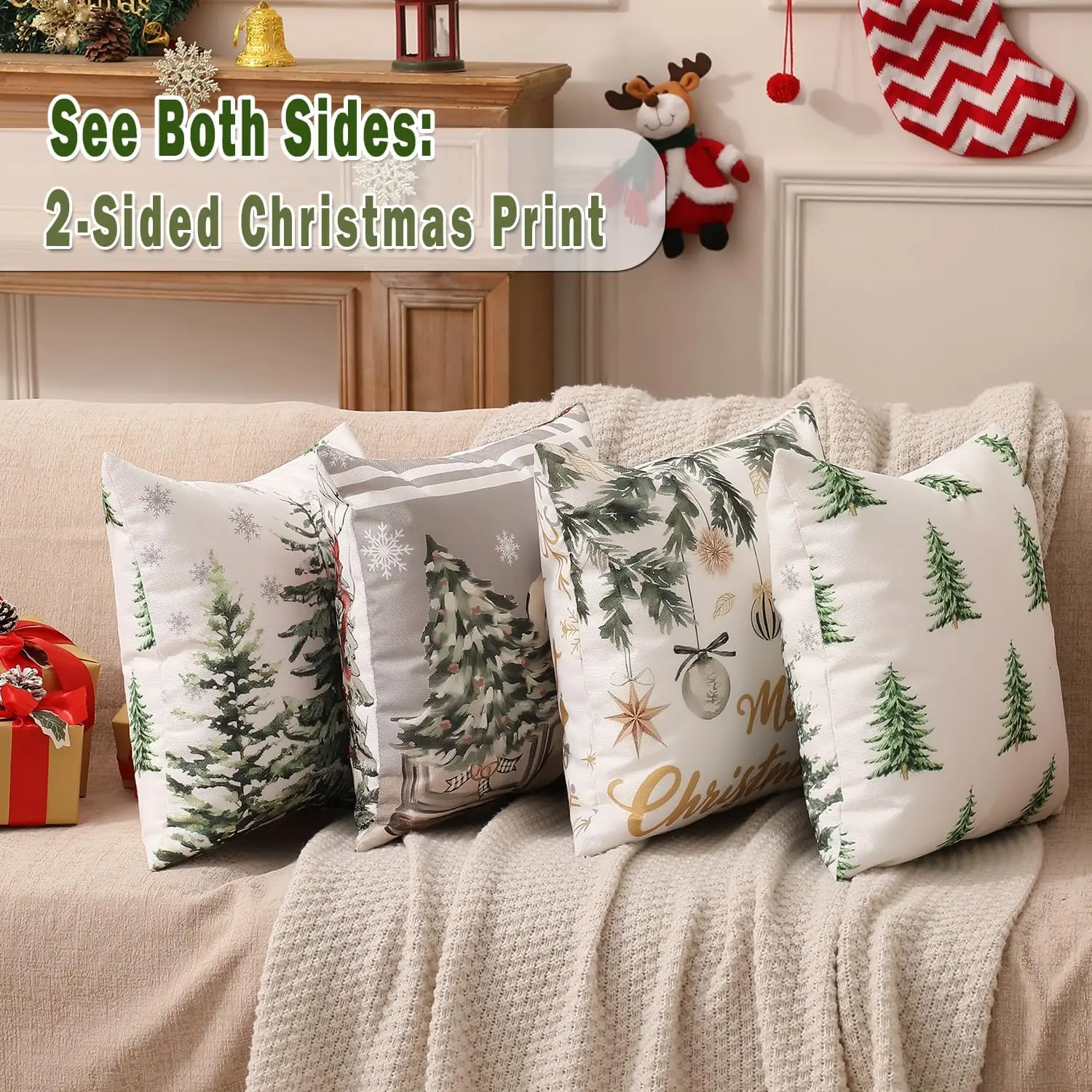 Juego de 4 Fundas de almohada navideñas، patones navideños، Feliz Navidad، Feliz y luminoso، Let It Snow، إلخ، perfecto para