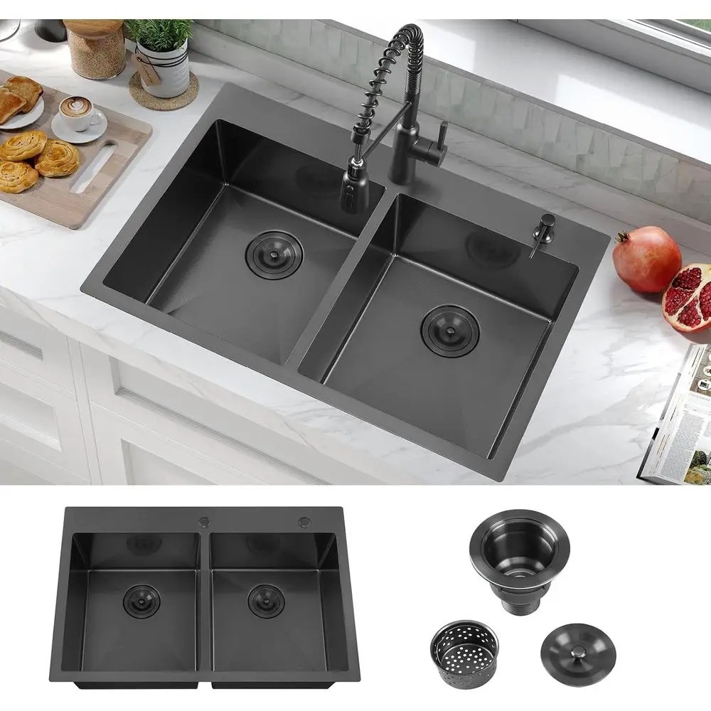 

Кухонная мойка с двумя чашами, 33x22, из черной нержавеющей стали ручной работы, для врезного монтажа