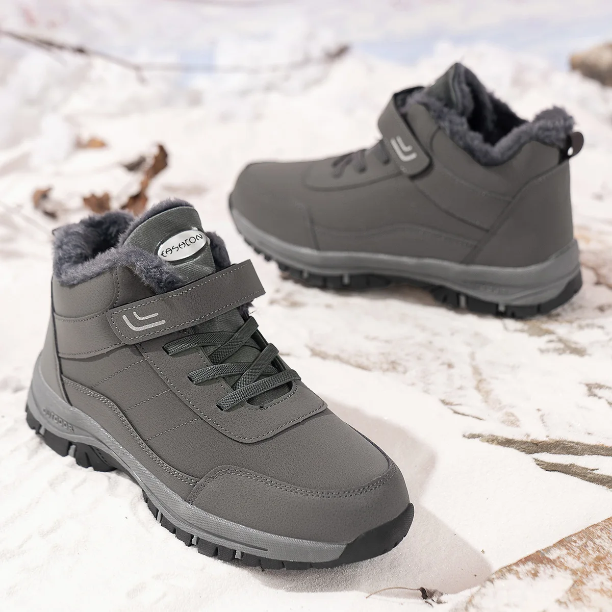 Damen-Knöchel-Winterstiefel aus PU, wasserabweisend, mit Plüschfutter, Klettverschluss, rutschfeste flache Sohle, warme Outdoor-Freizeitstiefel. – Detail 13