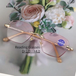 Women Trendy Reading Glasses with Diamond Unisex Blue Light Blocking Diopter Eyewear Luxury Fashion Rimless Far Sight Eyeglasses