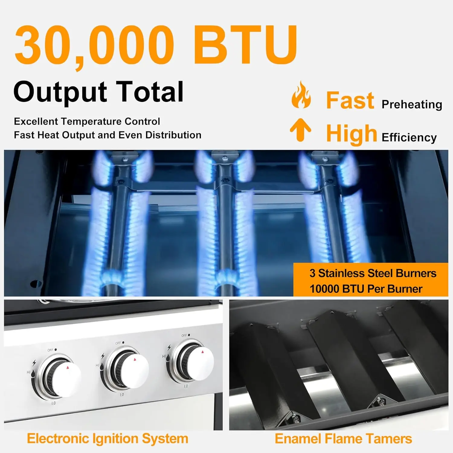 Parrilla de gas propano de 3 quemadores con salida de 30.000 BTU: gestión de grasa de fácil limpieza y distribución uniforme del calor para barbacoa perfecta (3-Bu