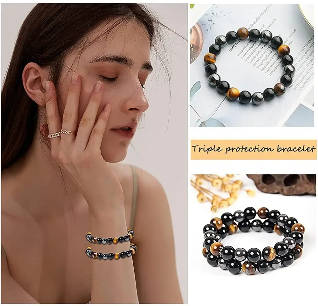 Pulsera de Triple protección de hematita de obsidiana negra, juego de cuentas de ojo de tigre azul, pulseras de piedra de Lava para hombres y mujeres, 10MM