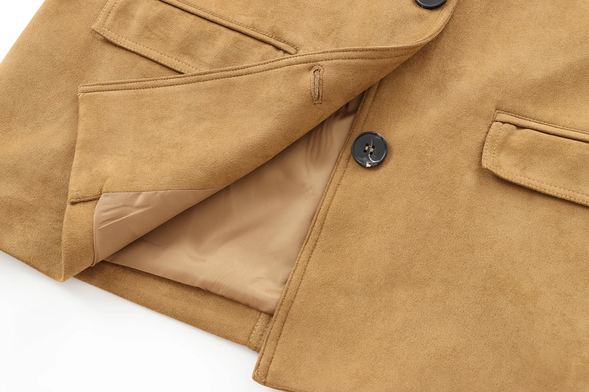 Tangada 2024 Women Khaki Suede Jacket Long Sleeve Female Coat Outwear PS083