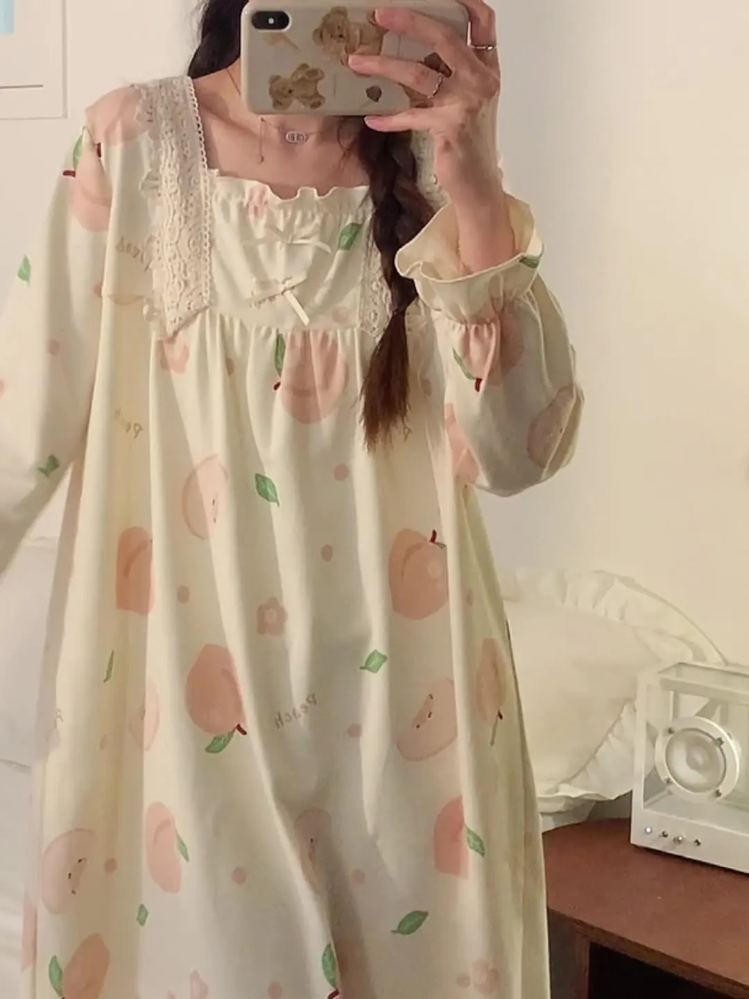 Large Size Dress Maternity Spring Summer Nightgown Cotton Long-Sleeved Pajamas Long Section Kawaii Floral Casual Simple Homewear