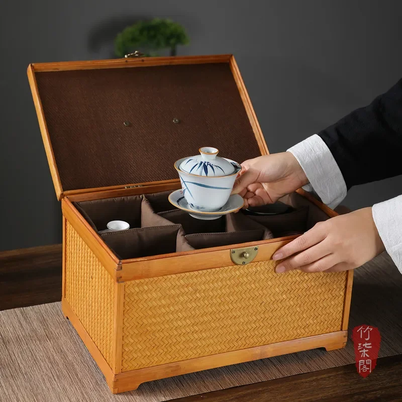 Portable Bamboo Tea Storage Box Retro Woven Basket for Outdoor Picnic Large Capacity Organizer for Tea Bags and Accessories