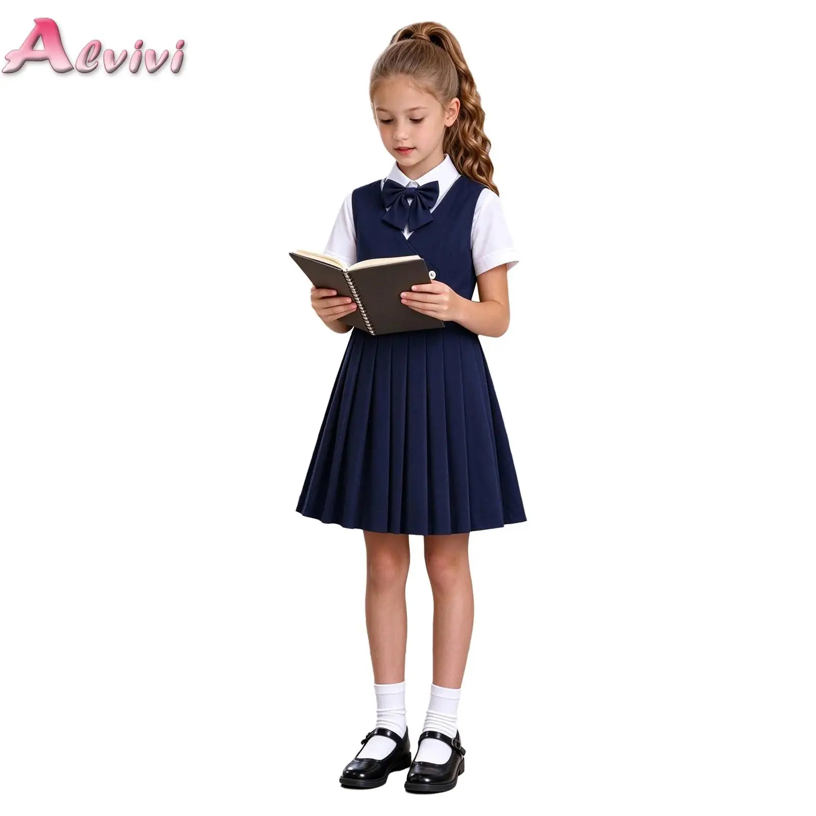 Kids Girls Korean 2-piece School Uniform Bowtie Button Shirt with Sleeveless Pleated Jumper Dress for Recitation Performance