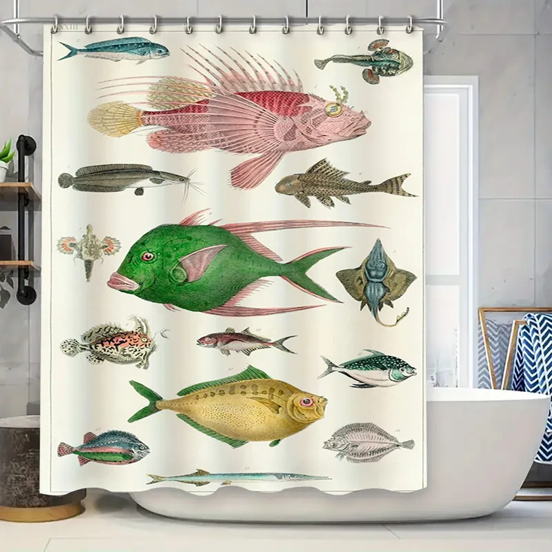 Винтажная занавеска для душа с принтом рыбы, водостойкая занавеска для ванной комнаты, зеленый, красный, желтый, синий, осьминог, коралл, рептилий, морская жизнь, животное, принт
