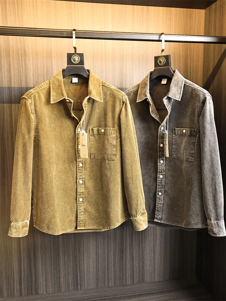 

Хлопковая фланелевая ткань в стиле ретро, длинная све irt, мужская однотонная, приятная для кожи, теплый воротник-стойка, осень-зима, модная