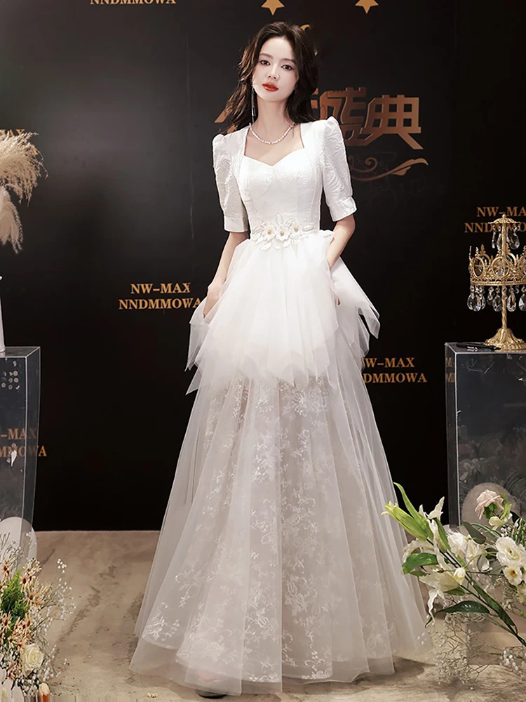 

Banquet White Evening Dress Elegant Lady Quinceanera Dress Short Sleeve Patchwork Layered Tulle Ball Gown Women Banquet Dresses