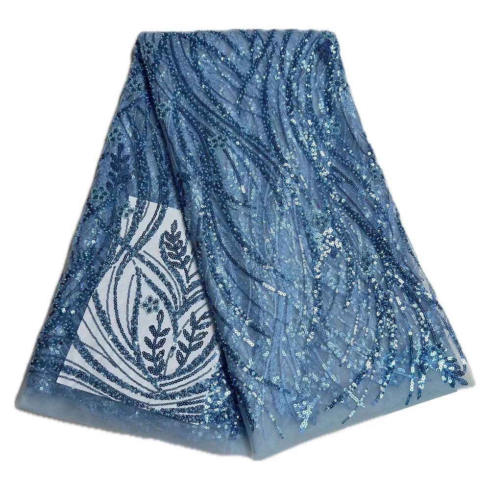 最新の高級スパンコールビーズ付きレース生地、フランス製メッシュチュール素材、5ヤード、縫製、結婚式、イブニングドレス、女性用ビーズレース