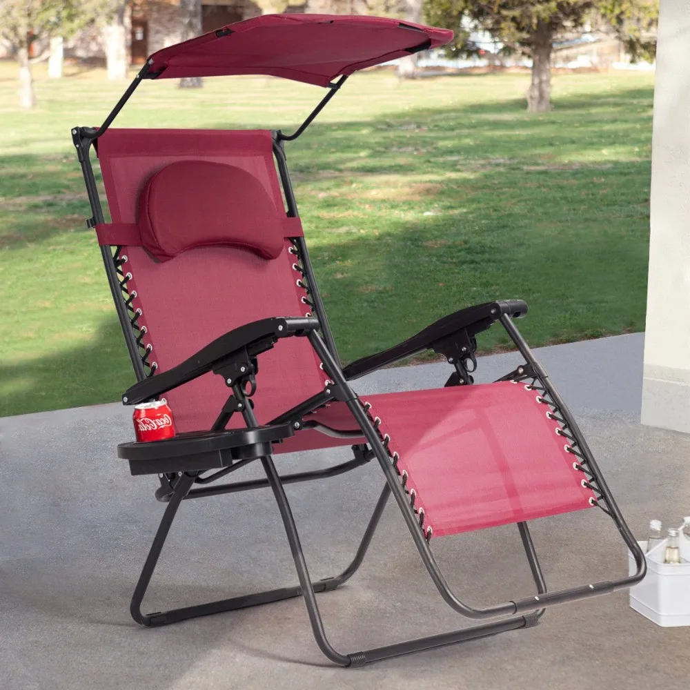 

Folding Recliner Zero Gravity Lounge Chair W/ Shade Canopy Cup Holder Wine