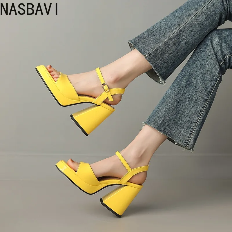 NASBAVI Women Patent Leather Sandals Super Chunky High Heeled Ankle Buckle Shoes Platform Summer Thick Heel Sandal Ladies 35-43