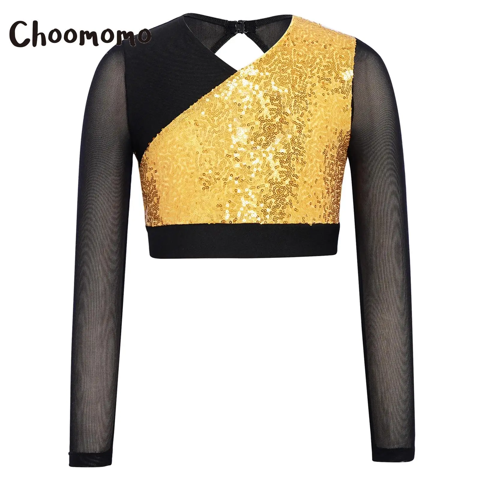

Kids Girls Sparkling Sequins Dance Tops Mesh Long Sleeve Cutout Back Color Block Shiny Dance Crop Top Hip Hop Jazz Performance