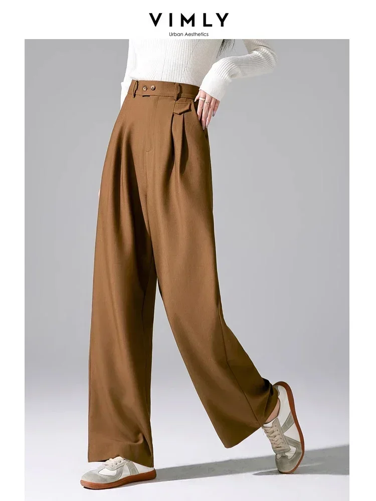 Vimly Coffee Elastic Waist Dress Pants for Woman 2023 Autumn New in Mopping Suit Pant Straight Loose Casual Trousers Women M3209