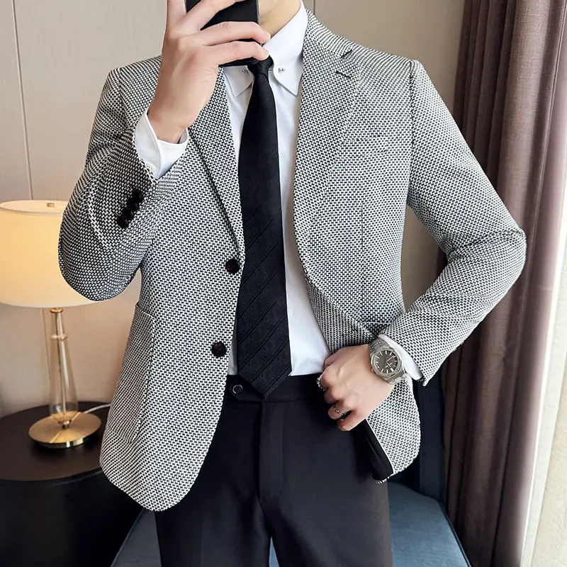 Men\'s Casual Checkered Suit Jacket High-quality Korean Luxury Business Slim Fit Blazer Wedding Groom Tailcoat Suit Size 4XL-M