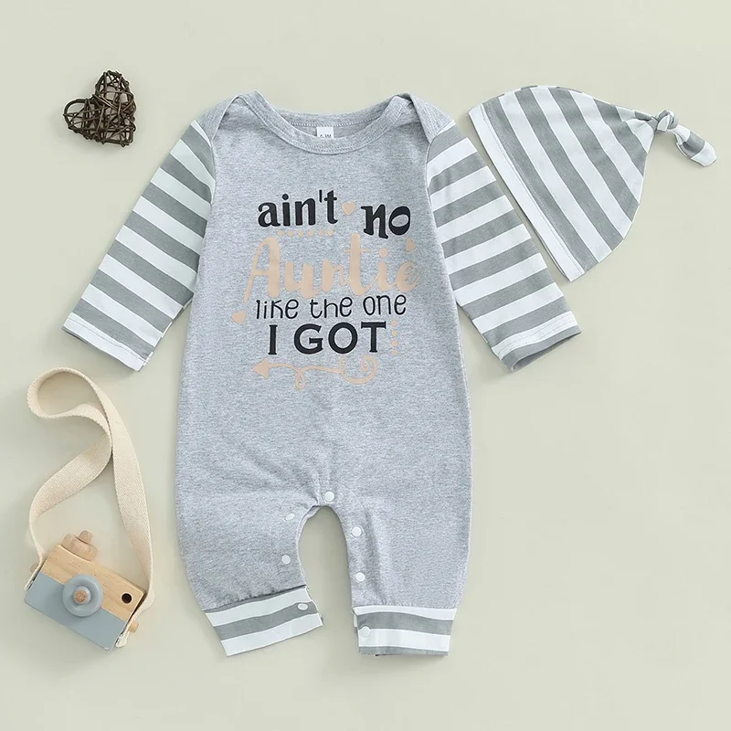 

SUNSIOM 0-18 Months Baby Boy Jumpsuit and Hat Set Long Sleeve Round Neck Letter Print Romper Cap Kit Newborn Fall Outfit