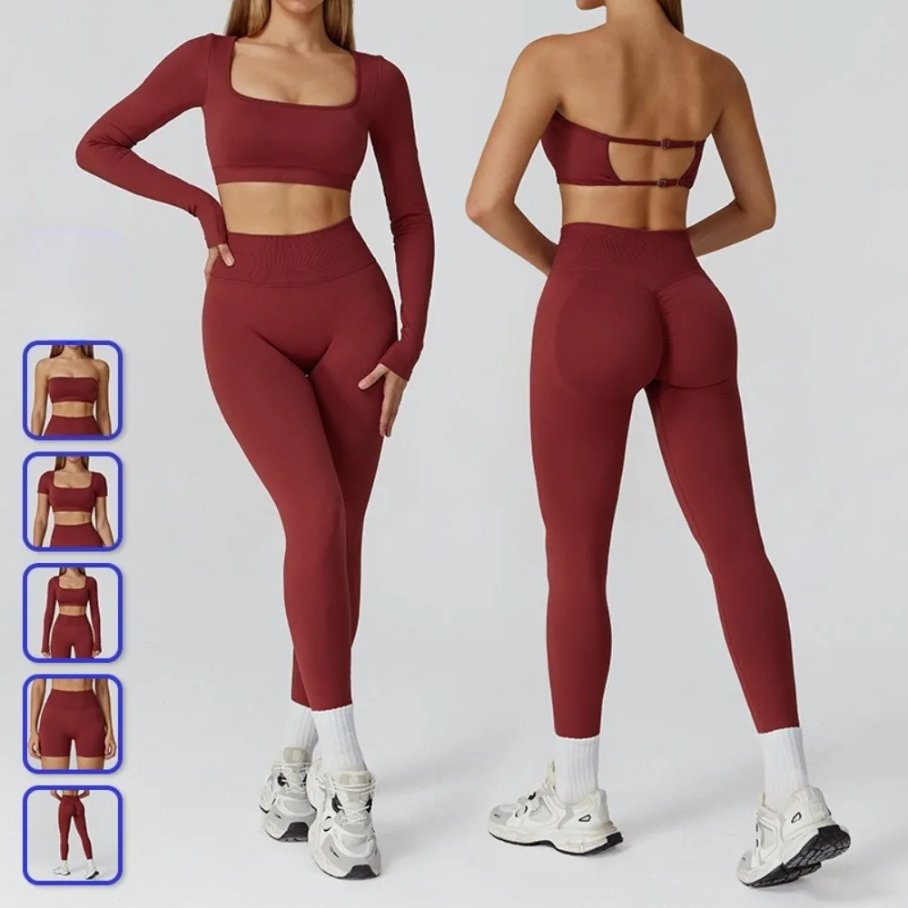 

New Winter Seamless Long Sleeve Sports Suit Hollow Back Tops +Leggings 2PCS Yoga Sets Padded Gym Shirt Shorts Running Tracksuits