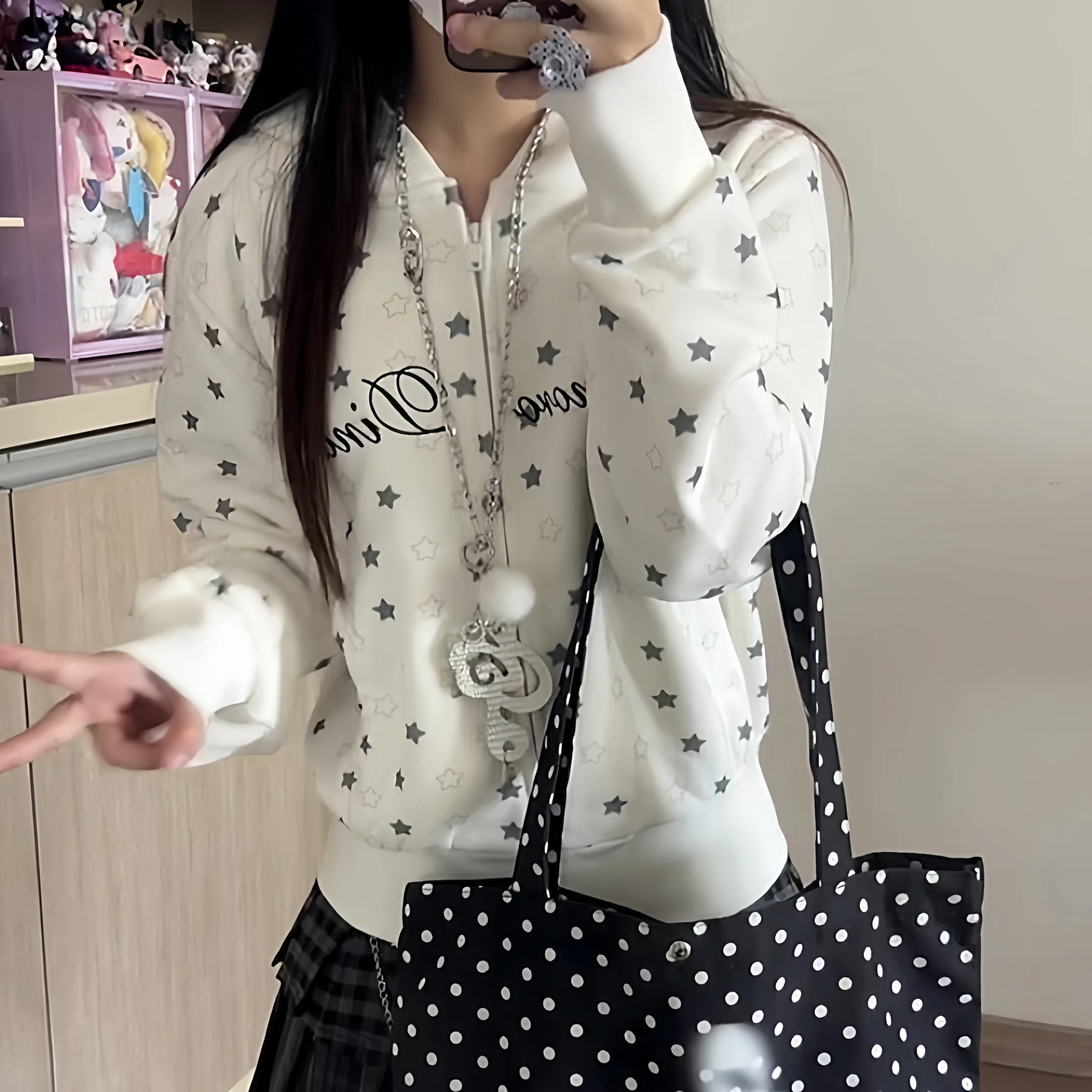 

Retro Japanese Sle Y2K Star Print Hooded Cardigan Women's Autumn Winter Visual Sle Lightweight Outerwear Sweatirt