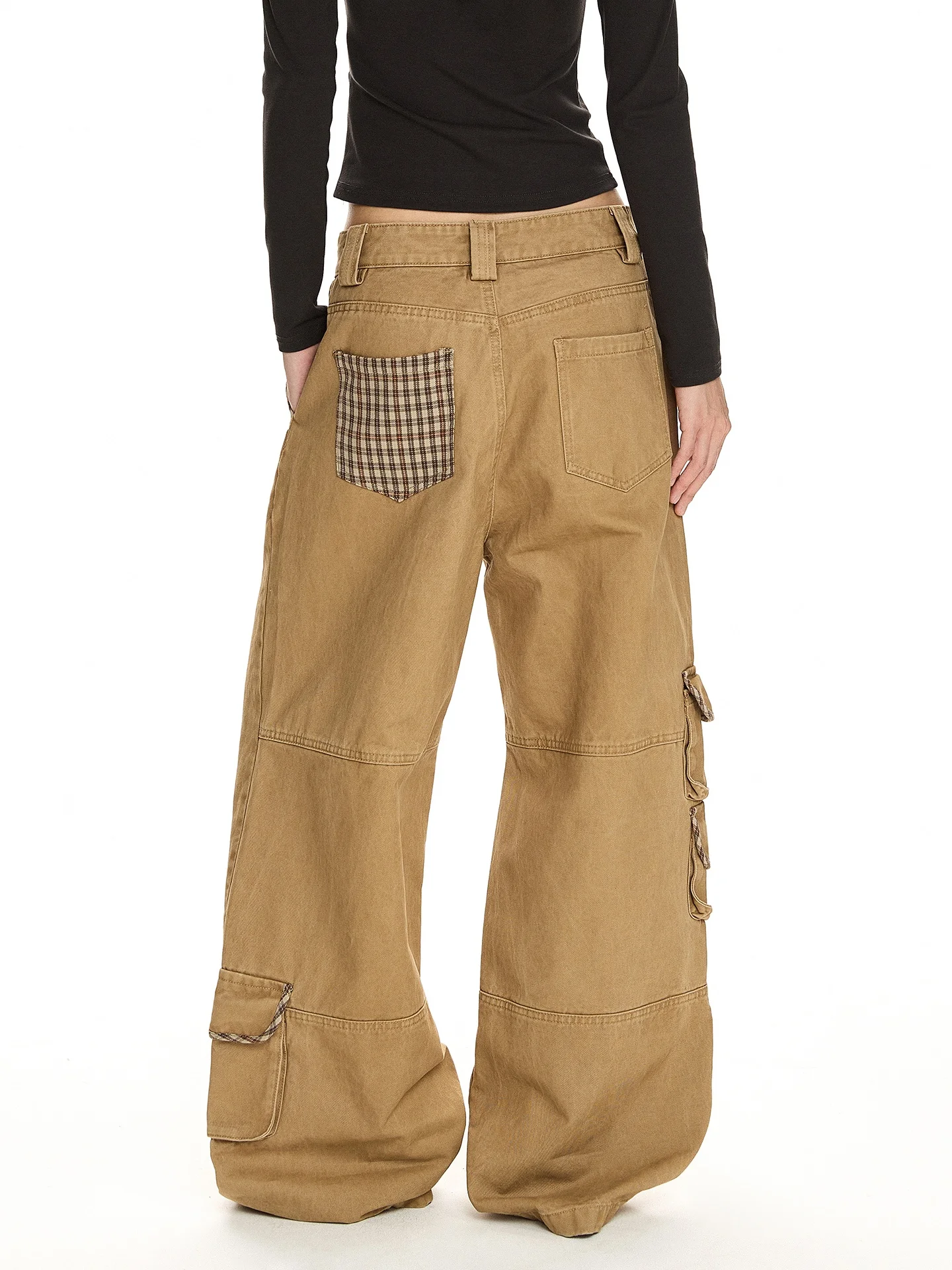 

American Retro Plaid Patchwork Work Pants Loose Straight Leg Slimming Commuter Pants Unisex Casual Trousers with Pockets