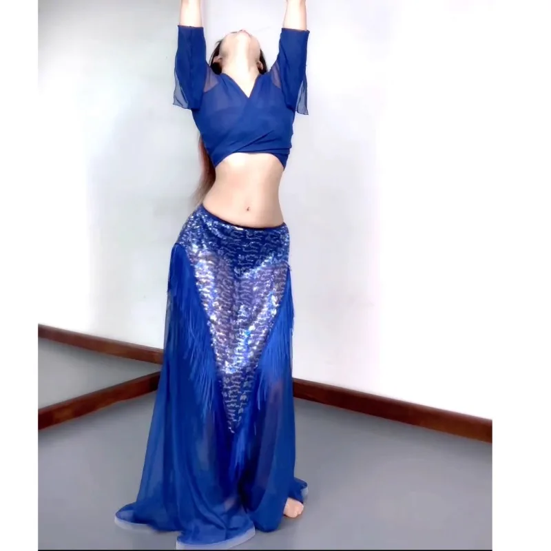 Trajes de dança do ventre personalizados novo conjunto vestido de desempenho vestido de classe sexy temperamento fada prática azul lantejoulas borla vestido