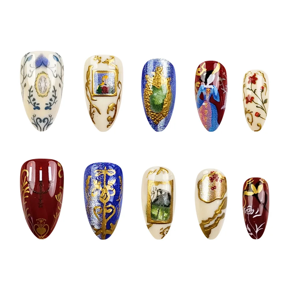 

24PCS 3D Gilt Fake Nails with Almond Press on Nails Aurora European French Luxury Sweet Design Glamorous Removable False Nails