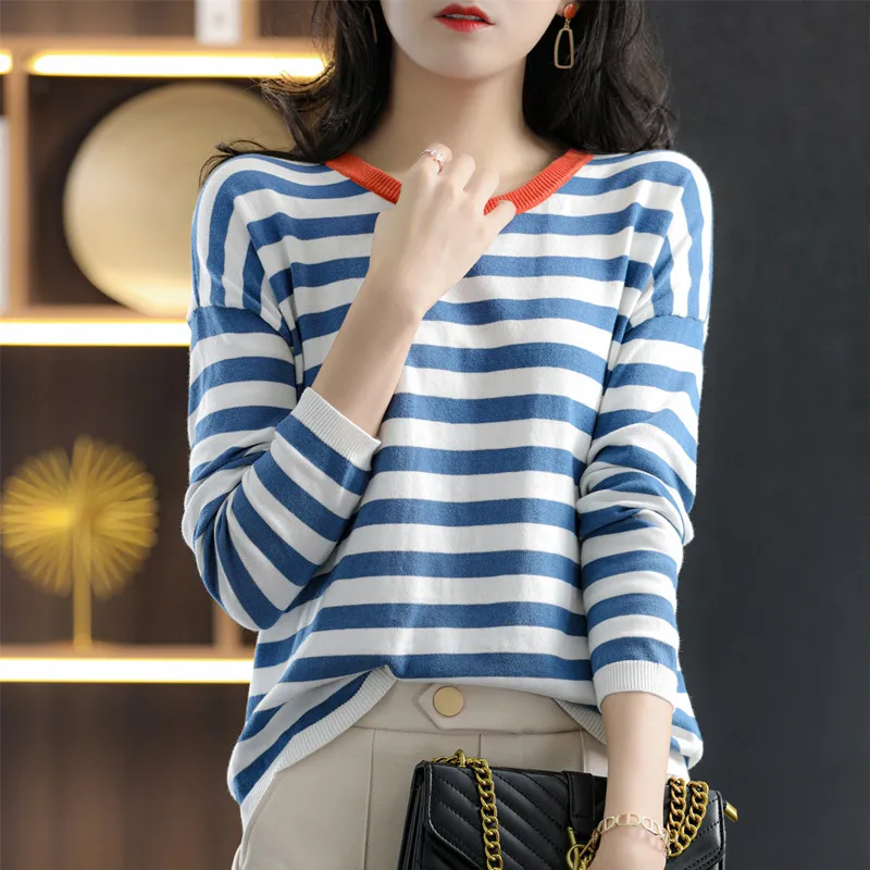 

Women's 100% pure cotton striped sweater round neck pullover casual color blocked knitted long sleeved spring and autumn top