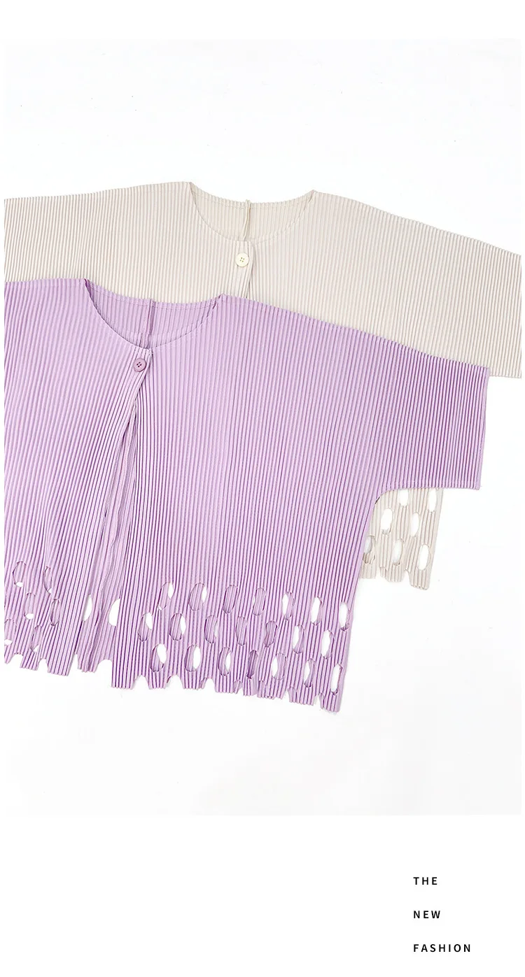 Miyake Plissierter Damen-Cardigan mit Ausschnitten, Einzelknopf, 3/4-Ärmel, Leicht, Locker, Einfarbig, Lässig, Sommer, Damen-Oberbekleidung – Detail 13