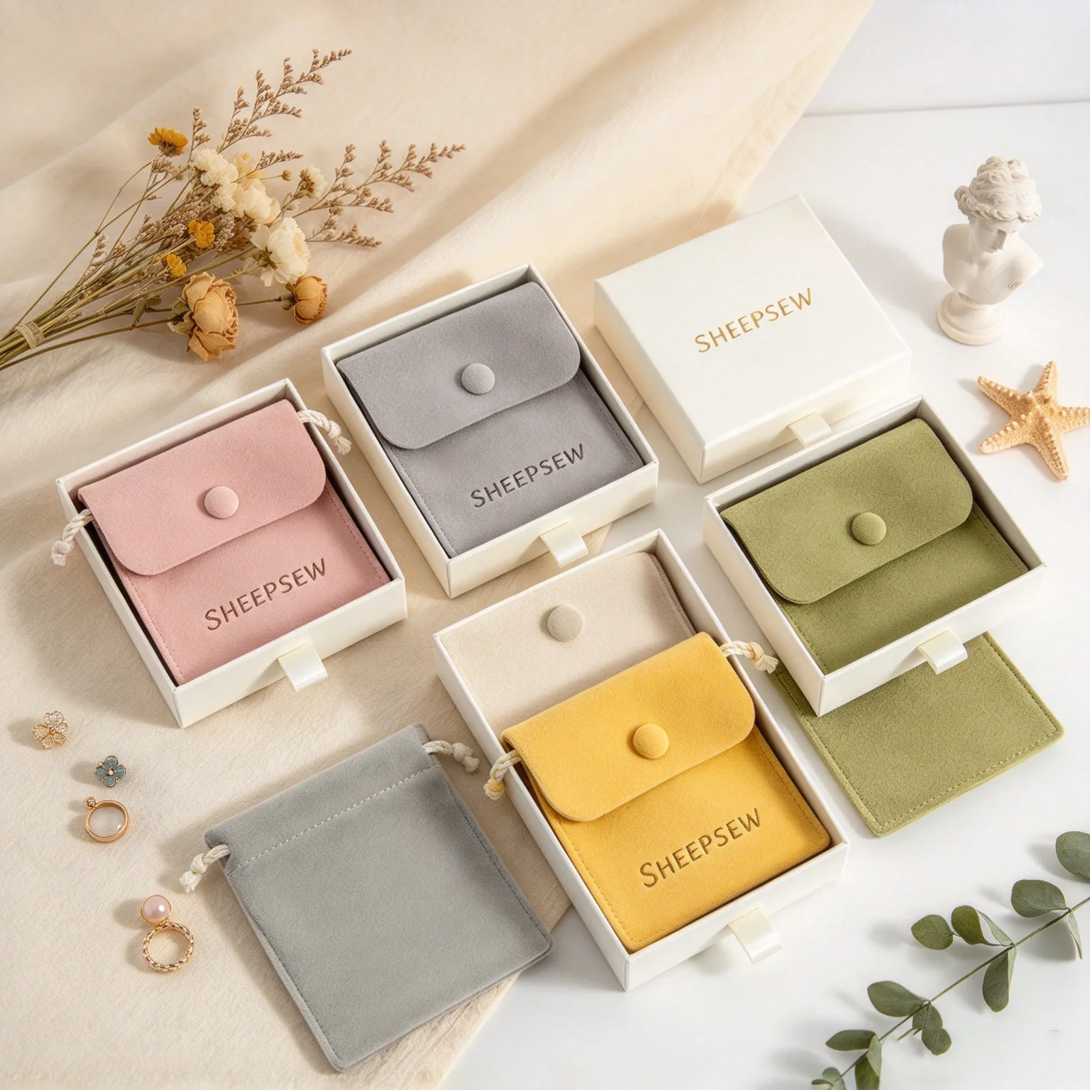 SHEEPSEW Custom Logo Paper Drawer Jewelry Packaging Boxes with Microfiber Snap Pouch, Multi-use Storage Case for Jewelry Brooch