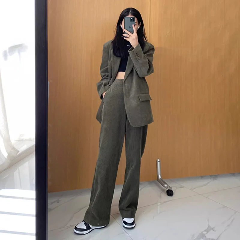 Women\'s Winter British Style Short Corduroy Blazer Wide Pants Set Retro Casual Solid Color Loose Fitting Suit Pant Two-piece Set