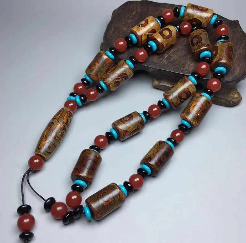 Tibetan Natural Old Patina Pure Agate Dzi * 9 Eyes * Beads Necklace M3092