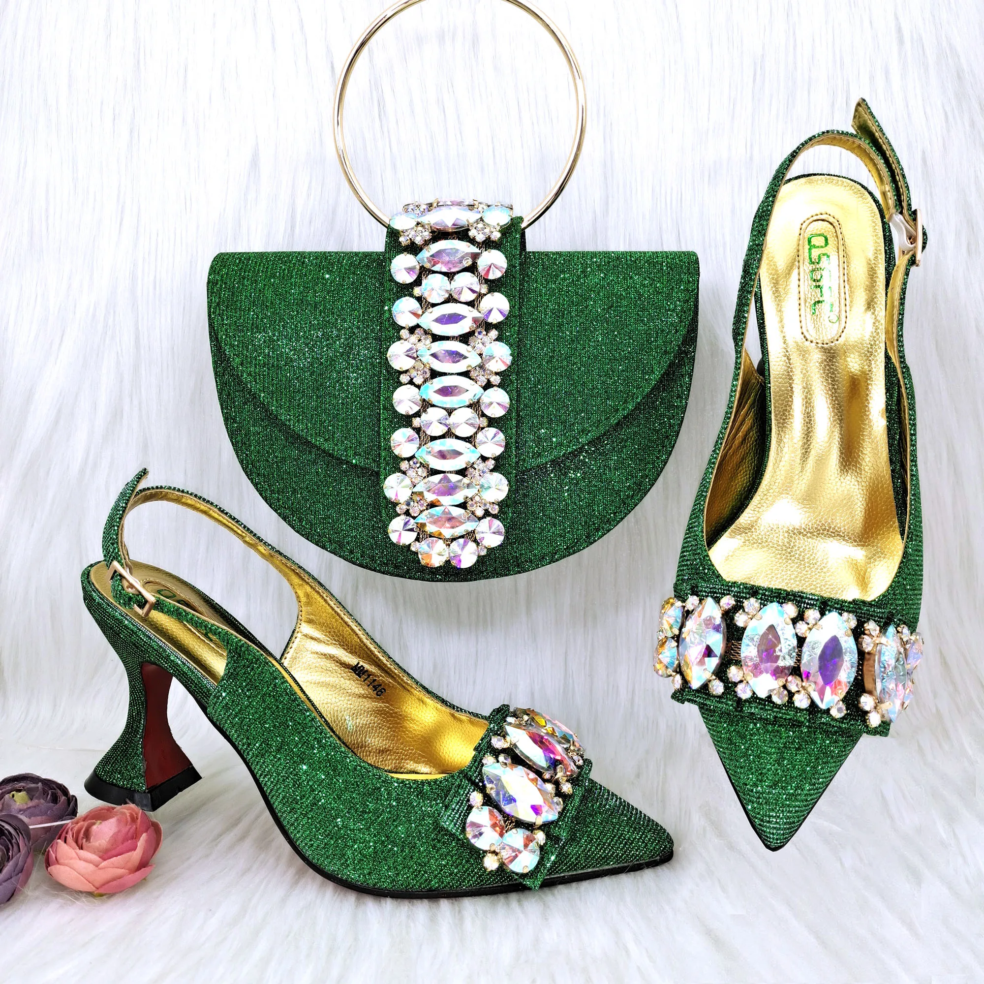 

Doershow hot selling green Shoes and Bags To Match Set Italy Party Pumps Italian Matching Shoe and Bag Set for Party! HGG1-12