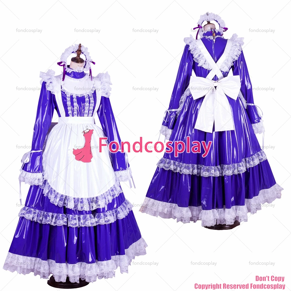 fondcosplay adult cross dressing sissy maid long lockable Purple thin PVC vinyl dress Uniform white apron CD/TV[G1802]