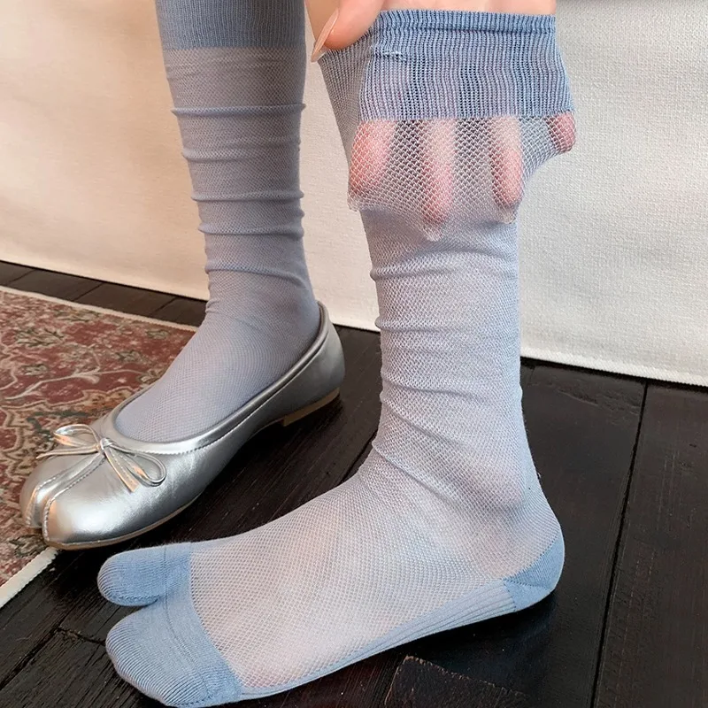 Japanese Style Tabi Socks Split Toe Clogs Sandals Breathable Mesh Thin Solid Color Crew Socks Elastic Cuff Non Slip Lightweight