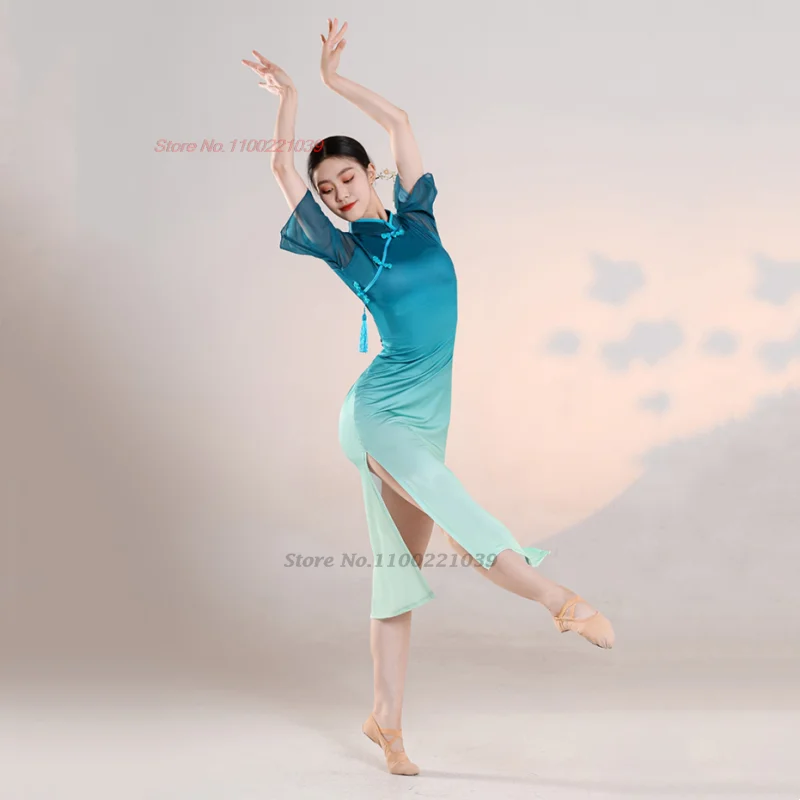Vestido de baile vintage chino 2025, vestido qipao popular de color degradado nacional, cheongsam de danza folclórica tradicional puesta en escena