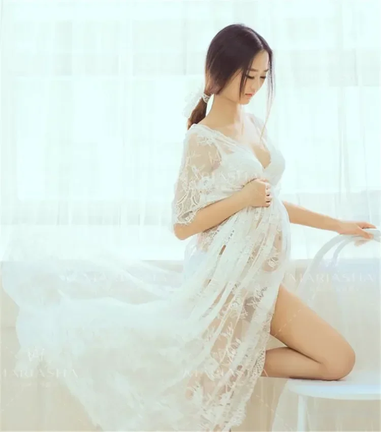 

Sexy Perspective Dress Pregnant Women Long Sleeve V Neck Lace Dress Photography Long Dress Photography Photo Props